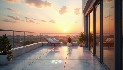 Modern Balcony with Sunset View Featuring Lounge Chairs and Potted Plants