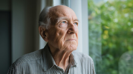 Elderly man gazes thoughtfully through a window in a nursing home during late afternoon light