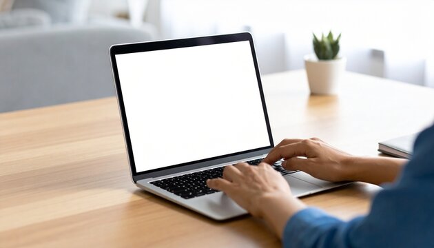 Image of a laptop computer with a white screen for advertising purposes, viewed from over the shoulder in a close-up shot, showing writing and typing text, representing a freelance concept for online.