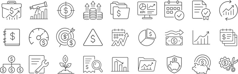 Tax and budgeting line icon set vector illustration. Includes forms, deductions, VAT, bookkeeping, penalty, accountant, bracket, compliance, audit, financial statements and payment tracking symbols.