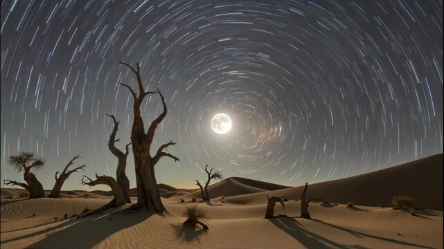 Star Trails Over a Desert Landscape with Moonlit Dead Trees