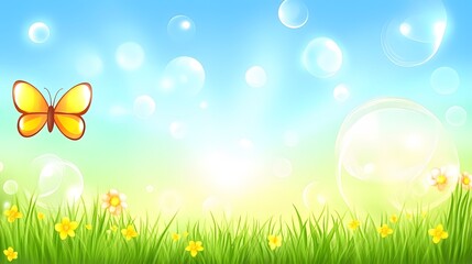 Obraz premium Spring Meadow with Butterfly and Bubbles
