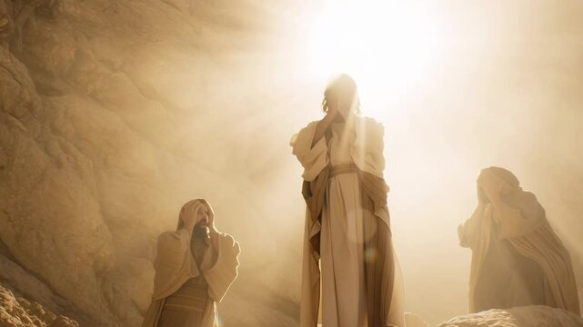  Jesus Christ with glowing light standing on a hill as men on their knees bow before him at sunset, religious concept.