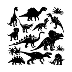Dinosaurs Black Silhouette Set Clipart White Background