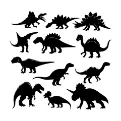 Dinosaurs Black Silhouette Set Clipart White Background