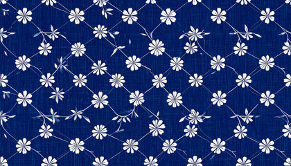 藍色に白花模様が映える浴衣の布地テクスチャ &ndash; Abstract Japanese Yukata Fabric Texture with Indigo and White Floral Pattern