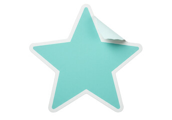 A teal star shaped sticker with a peeled corner isolated on transparent background, ideal for various design applications