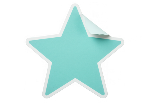 A teal star shaped sticker with a peeled corner isolated on transparent background, ideal for various design applications - Powered by Adobe