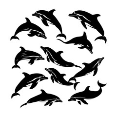 Dolphin Silhouette Set Clipart on White Background