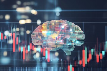 Abstract brain formed by market data and artificial intelligence symbols, representing smart trading systems.
