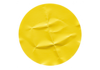 A crumpled yellow circular sticker, isolated on transparent background