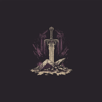 Mystical sword stuck in stone design vector template illustration