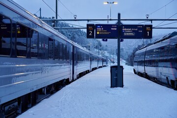 Naklejka premium Passenger trains stand idle as their departure is cancelled at Dombaas train station in Dombaas, Norway.