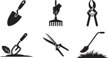 Gardening Tools Silhouette Vector Set – Trowel, Rake, Pruner, Shears, Hoe, and Hand Fork Icons in Black