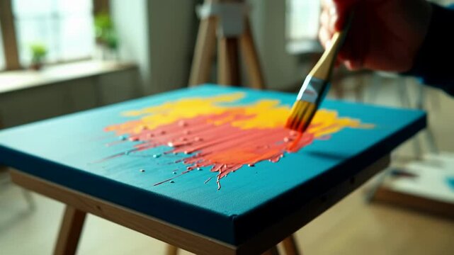 Painter brings canvas to life in sunny studio with vibrant brush strokes and rich colors