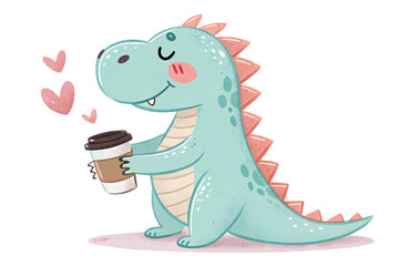 Naklejka premium Adorable Cartoon Dinosaur Enjoying a Coffee Cute Illustration of a Happy Dino with a Warm Beverage