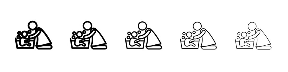 Mother washing baby in bath tub icon thin line outline set or collection