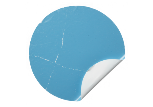 A round blue sticker with a peeled corner, isolated on transparent background