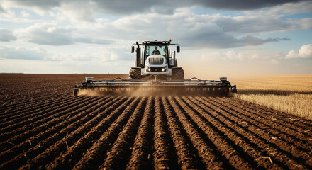 Fototapeta premium A large white tractor pulling a seeding or tilling implement, moving through a freshly tilled brown field under a cloudy sky