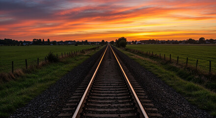 Sunset over Rural Landscape with Train Tracks