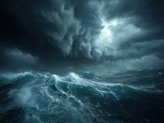 Dark sky over beach before hurricane concept. Dramatic stormy ocean waves under dark, swirling clouds