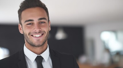 Fototapeta premium Confident male executive in tailored suit, smiling warmly. Leadership and professionalism in a modern corporate setting. 