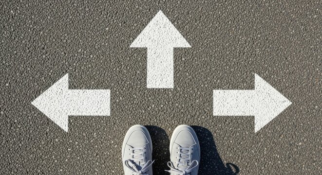 Person standing at a crossroads with three different directions to choose from