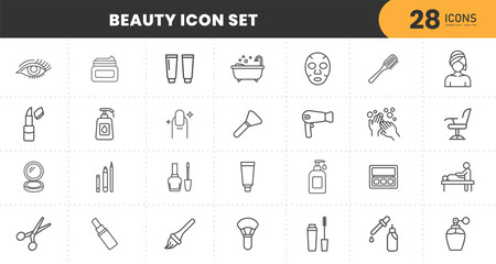  Beauty and cosmetics vector line icons set. Cosmetics, Beauty, Skincare, Makeup, Perfume, Fragrance, Hair. Modern thin line style of beauty related icons. Dermatology spa hydration anti aging facial 
