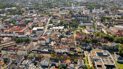 Aerial view of the old town of the city Paderborn in Germany on an overcast day in afternoon