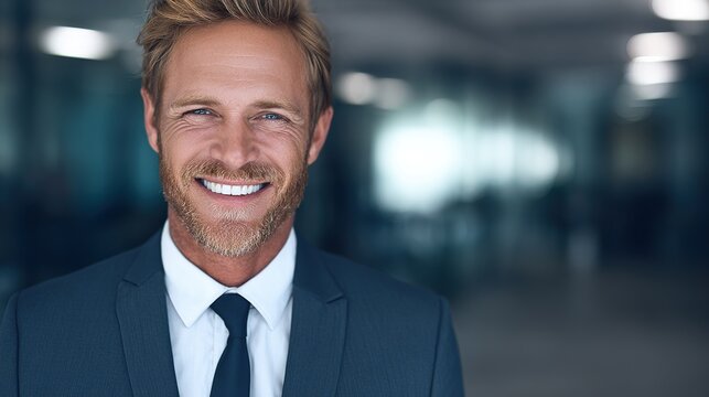 Confident male executive in tailored suit, smiling warmly. Leadership and professionalism in a modern corporate setting.
