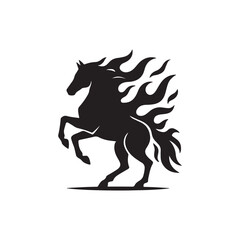 Obraz premium A black silhouette of a horse rearing up with flames coming from its mane and tail