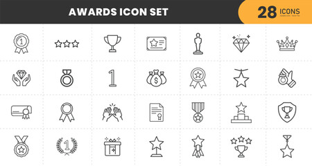  Awards line icon set. awards line editable icon set. award icon set containing badge, trophy, certificate, and more