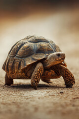 Fototapeta premium Detailed image of a tortoise slowly crossing a sandy path
