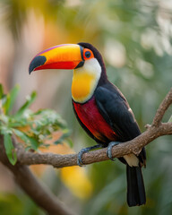 Fototapeta premium Vibrant toucan perched on a tropical branch in a lush jungle setting