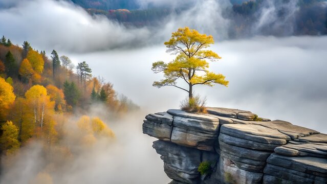 Lone yellow tree stands on a rocky cliff edge above a foggy autumn forest - Powered by Adobe