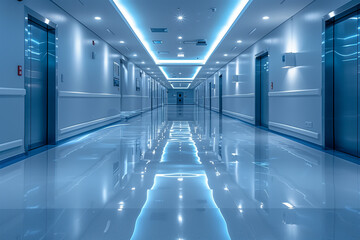 Fototapeta premium modern hospital corridor with clean white walls, soft ambient lighting, no people, high-resolution background