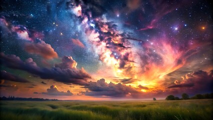 Vibrant cosmic clouds and starry sky over a grassy field at sunset