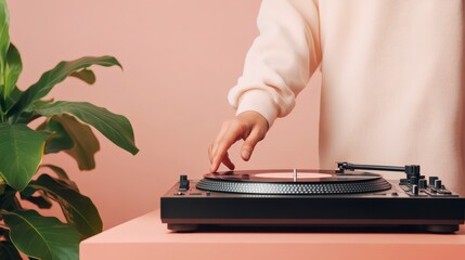 A Creative Individual Curating Their Favorite Music Playlist with a Turntable in a Stylish Setting
