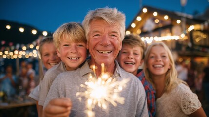 A joyful grandfather and his happy grandson celebrating a summer holiday together in a backyard at dusk, their faces warmly illuminated by the bright sparkler they are holding.