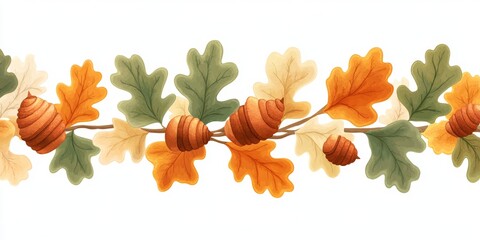 Minimalist hand-drawn oak leaves and cones in warm autumn colors evoke seasonal design, nature themes, and cozy fall marketing concepts
