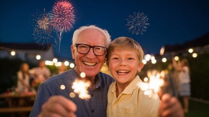 A joyful grandfather and his happy grandson celebrating a summer holiday together in a backyard at dusk, their faces warmly illuminated by the bright sparkler they are holding.