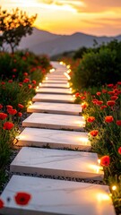 Winding Marble Path Through Field Of Red Poppies with Glowing Lights at Sunset