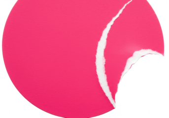 A vibrant pink circle of paper with a jagged tear, isolated on transparent background