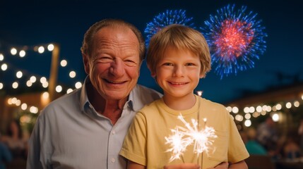 An authentic, heartwarming portrait of an intergenerational family bond, as an elderly man and a young boy share a magical moment with a sparkler during a festive evening gathering.