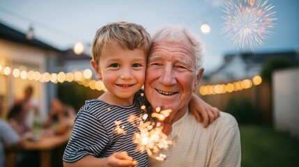 A joyful grandfather and his happy grandson celebrating a summer holiday together in a backyard at dusk, their faces warmly illuminated by the bright sparkler they are holding.