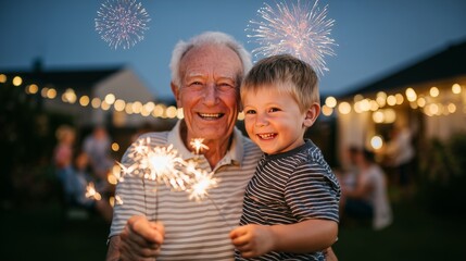 A joyful grandfather and his happy grandson celebrating a summer holiday together in a backyard at dusk, their faces warmly illuminated by the bright sparkler they are holding.