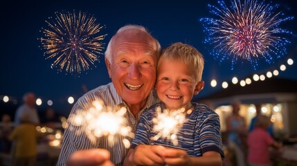 A joyful grandfather and his happy grandson celebrating a summer holiday together in a backyard at dusk, their faces warmly illuminated by the bright sparkler they are holding.
