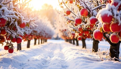 Winter Apple Orchard Trees Covered In White Frost And Snow Displaying Red Fruit With Soft Sunlight In Background