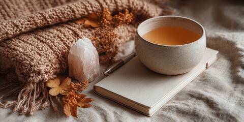 Warm autumn-inspired workspace flat lay with tea, notebook, dried leaves, crystal, pen, and cozy blanket, evoking relaxation, mindfulness, and seasonal comfort