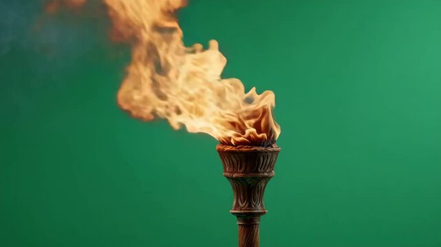 Flaming torch with vivid fire on green